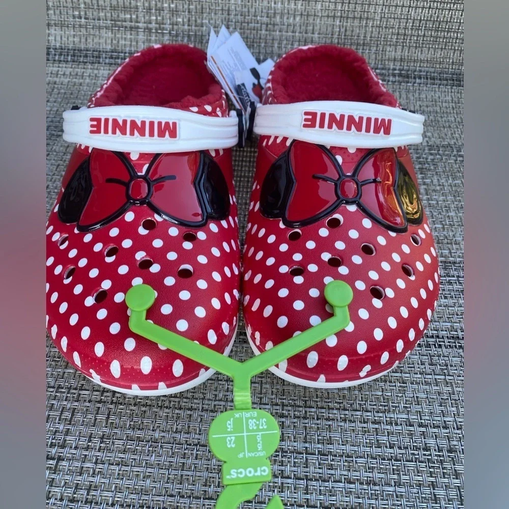 CROCS Disney Minnie Mouse Big Girls Fur Lined Red Bow White Polka Dot Clog Sz j5